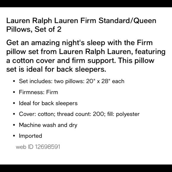 Lauren Ralph Lauren - Logo Twin Pack Pillows - Firm Density - Queen Size - NWT